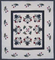 Custom Amish Quilts - Flower Basket Applique Navy Burgundy