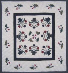 Custom Amish Quilts - Flower Basket Applique Navy Burgundy