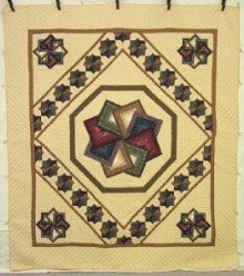 Custom Amish Quilts - Spinning Star Patchwork Tan Green Blue Red
