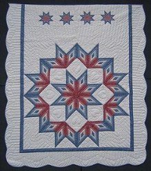 Custom Amish Quilts - Framed Log Cabin Fan Star in Star Blue Rose Patchwork Certified