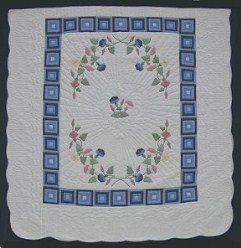 Custom Amish Quilts - Morning Glory Log Cabin Applique Blue