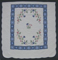 Custom Amish Quilts - Morning Glory Log Cabin Applique Blue