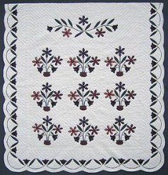 Custom Amish Quilts - Applique Flower Pots Burgundy Navy Green