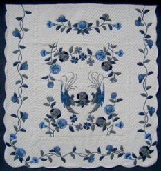 Custom Amish Quilts - Fancy Doves Blue Applique Flower Border
