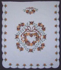 Custom Amish Quilts - Gold Brown Country Rose Wreath Bow Applique