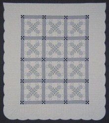 Custom Amish Quilts - Hand Embroidered Blue Flower Nine Patch Patchwork