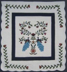 Custom Amish Quilts - Peacock Flower Tree Applique Blue Green
