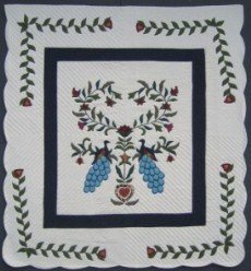 Custom Amish Quilts - Peacock Flower Tree Applique Blue Green
