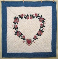 Custom Amish Quilts - Heart Roses Blue Certified Small Quilt Wall Hanging