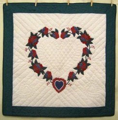 Custom Amish Quilts - Heart Roses Navy Burgundy Applique Small Quilt Wall Hanging