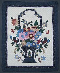 Custom Amish Quilts - Blooming Flower Basket Applique Small Quilt Wall Hanging Navy Blue