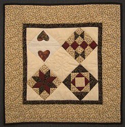 Custom Amish Quilts - Sampler Heart Star Small Patchwork Wall Hanging Quilt Tan Burgundy